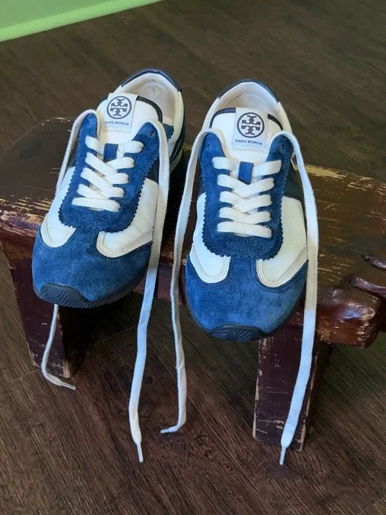 Tory Burch blue white Suede Leather Sneakers Retro Runner Preppy trainers - Picture 3 of 13